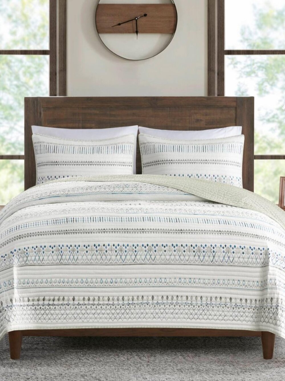 Southwestern Boho Reversible Taupe/Blue King Quilt Set, 3pc